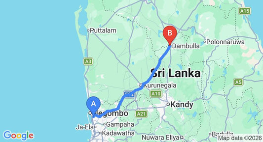 Driving route map: Colombo Airport (CMB) to Regalia Hotel, Dambulla (129 km, approx 2 h 47 min private transfer)