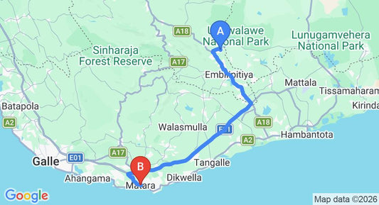 Driving route map: Udawalawe to Matara (95 km, approx 1 h 39 min private transfer)