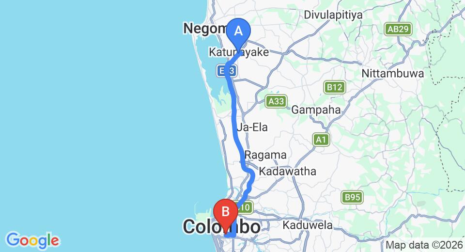 Driving route map: Colombo Airport (CMB) to Rosmead Place by Thilanka, Colombo (34 km, approx 44 min private transfer)