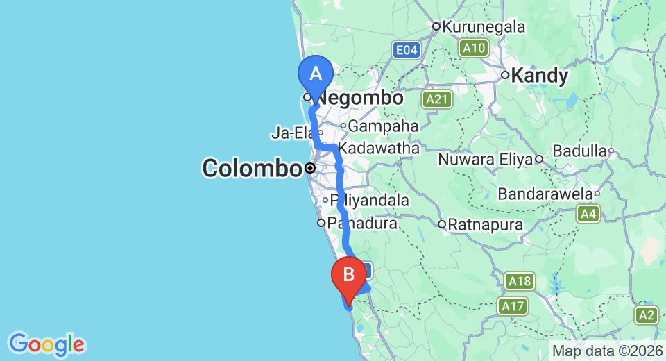 Driving route map: Colombo Airport (CMB) to Induruwa (114 km, approx 1 h 51 min private transfer)