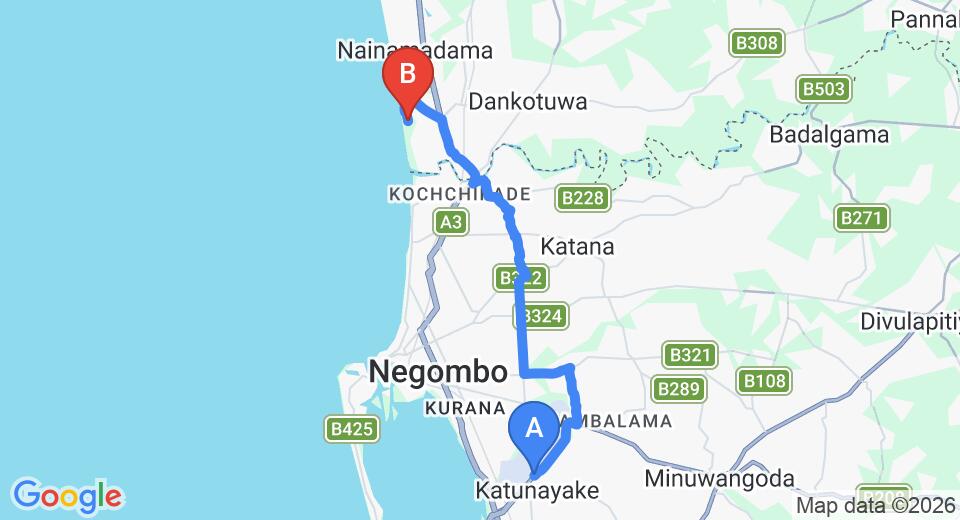 Driving route map: Colombo Airport (CMB) to Wattura Resort and Spa, Waikkal (21 km, approx 44 min private transfer)