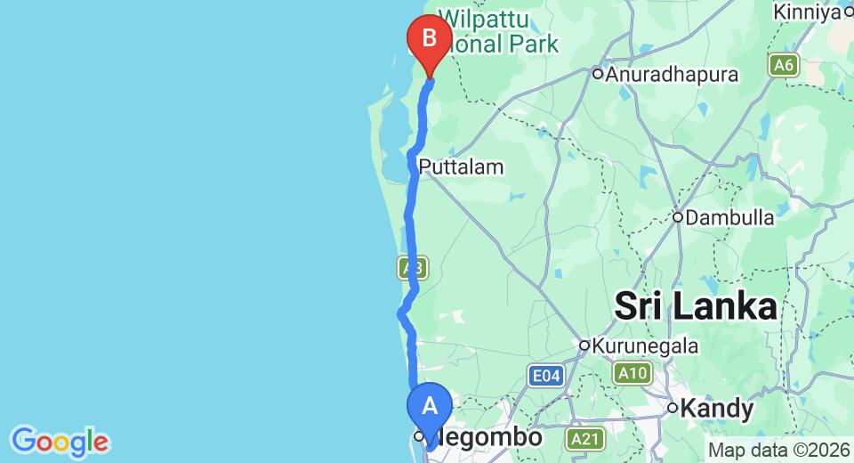 Driving route map: Colombo Airport (CMB) to Big Game Camps and Lodges Wilpattu, Wilpattu (137 km, approx 3 h 20 min private transfer)