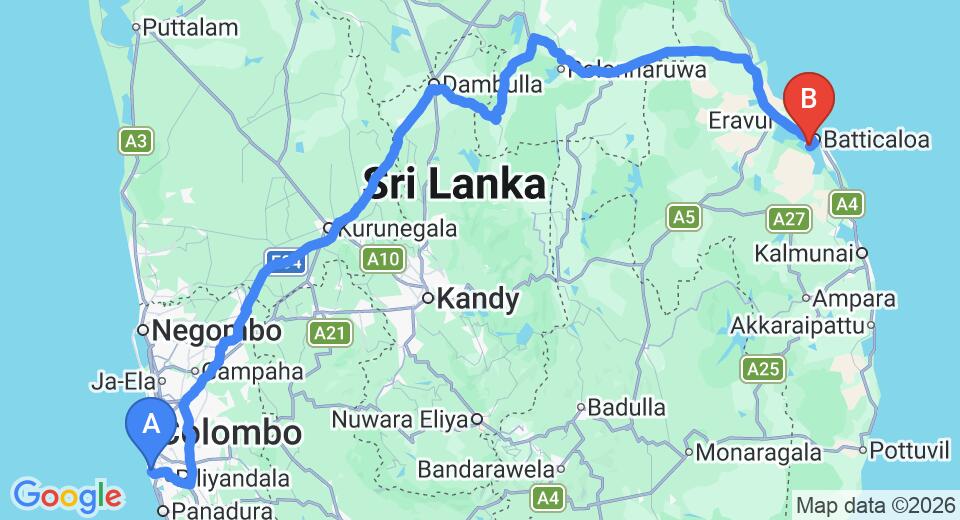 Driving route map: Ratmalana (RML) Airport to Batticaloa (BTC) Airport (340 km, approx 7 h 4 min private transfer)