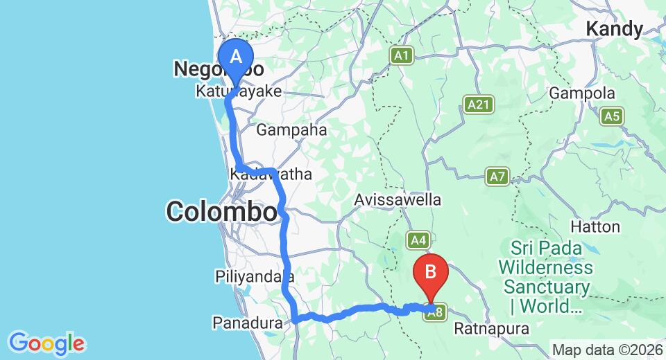 Driving route map: Colombo Airport (CMB) to Kiriella (102 km, approx 2 h 4 min private transfer)