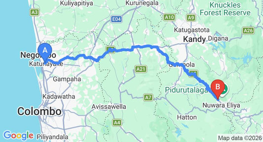 Driving route map: Colombo Airport (CMB) to Tinithi Villa, Nuwara Eliya (155 km, approx 4 h 46 min private transfer)