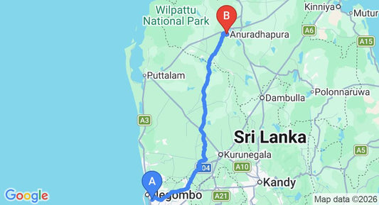 Driving route map: Colombo Airport (CMB) to Waasala Leisure - Anuradhapura, Palatupana (174 km, approx 3 h 45 min private transfer)