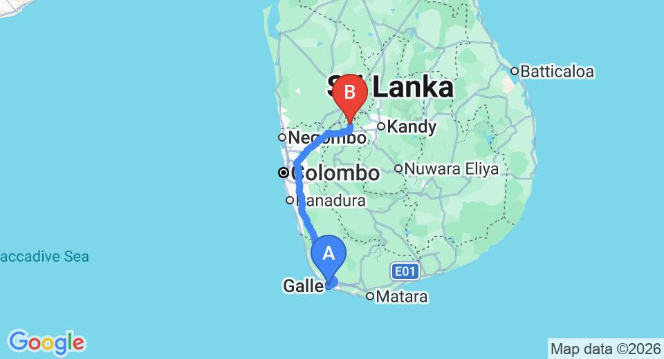 Driving route map: Galle to Pinnawala (194 km, approx 3 h 42 min private transfer)
