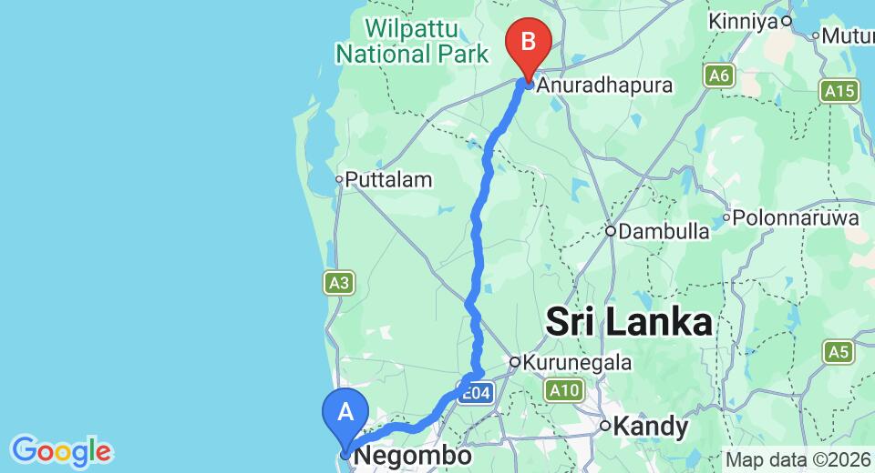 Driving route map: Negombo to Anuradhapura (170 km, approx 3 h 44 min private transfer)