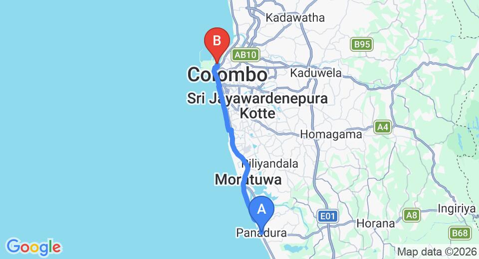 Driving route map: Panadura to Colombo Seaport (29 km, approx 1 h 1 min private transfer)