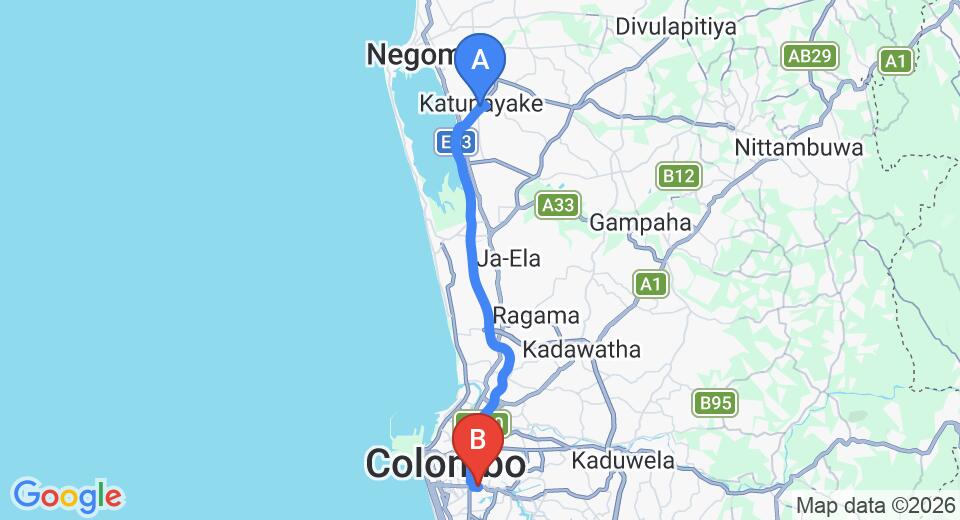 Driving route map: Colombo Airport (CMB) to Apartment Castle Street, Colombo (33 km, approx 42 min private transfer)