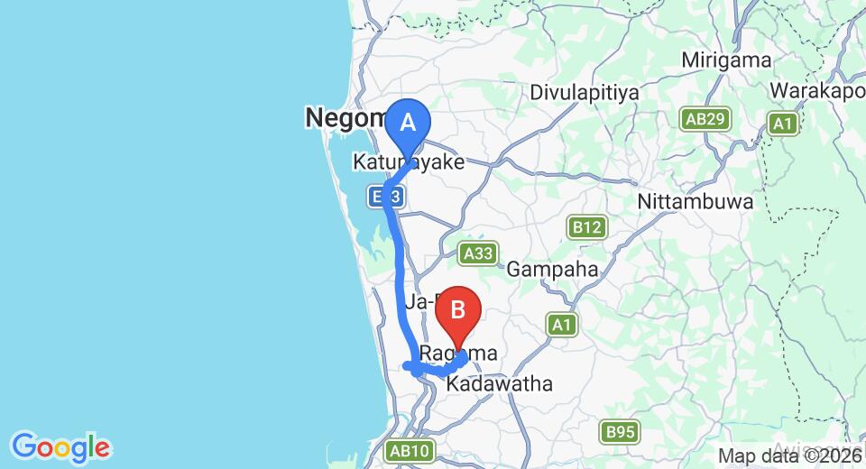 Driving route map: Colombo Airport (CMB) to Ragama (28 km, approx 41 min private transfer)