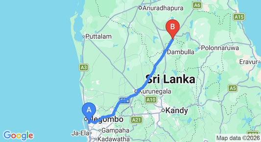 Driving route map: Colombo Airport (CMB) to Joe's Habarana Village, Habarana (146 km, approx 3 h 7 min private transfer)