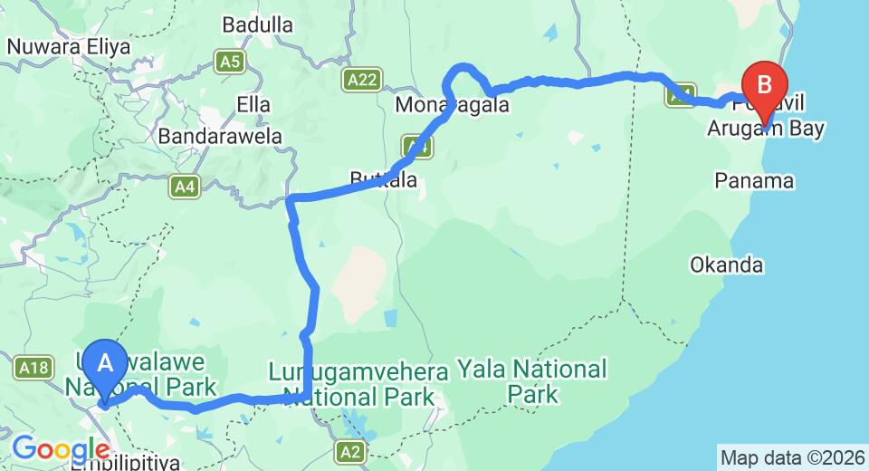 Driving route map: Udawalawe to Arugam Bay (181 km, approx 3 h 44 min private transfer)