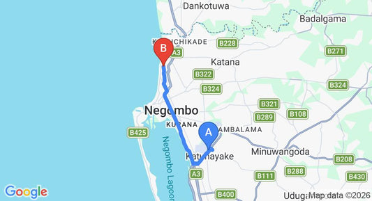 Driving route map: Colombo Airport (CMB) to Suriya Arana, Negombo (14 km, approx 34 min private transfer)