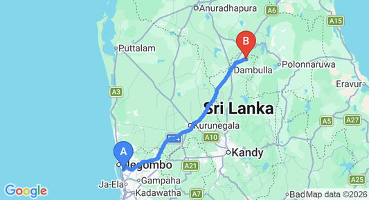 Driving route map: Colombo Airport (CMB) to Sigiriya Village, Sigiriya (146 km, approx 3 h 12 min private transfer)