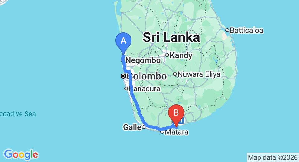 Driving route map: Waikkal to Tangalle (224 km, approx 3 h 19 min private transfer)