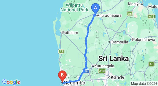 Driving route map: Anuradhapura to Negombo (175 km, approx 3 h 46 min private transfer)