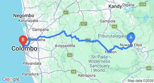 Driving route map: Nuwara Eliya to Colombo Seaport (166 km, approx 4 h 43 min private transfer)