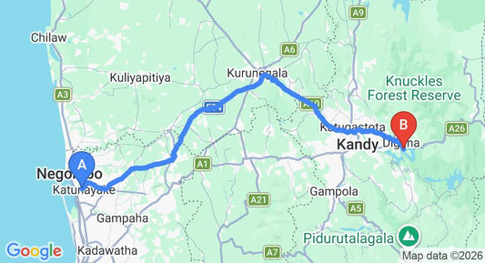 Driving route map: Colombo Airport (CMB) to Victoria Golf Club, Kandy (129 km, approx 3 h 17 min private transfer)
