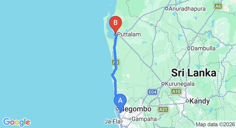 Driving route map: Colombo Airport (CMB) to Dhammika Holiday Resort, Puttalam (106 km, approx 2 h 38 min private transfer)
