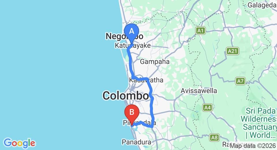 Driving route map: Colombo Airport (CMB) to Moratuwa (68 km, approx 1 h 18 min private transfer)