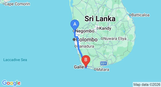 Driving route map: Colombo Airport (CMB) to Hansa Villa, Unawatuna (153 km, approx 2 h 12 min private transfer)