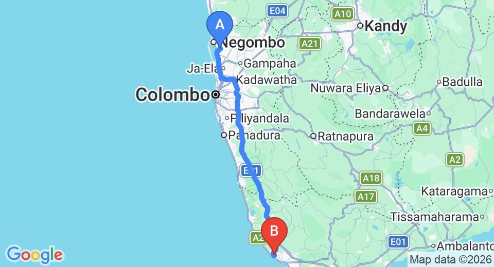 Driving route map: Colombo Airport (CMB) to Wirdana Resort and Spa, Galle (145 km, approx 2 h 12 min private transfer)
