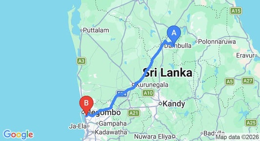 Driving route map: Kiribathkumura to Colombo Airport (CMB) (150 km, approx 3 h 20 min private transfer)