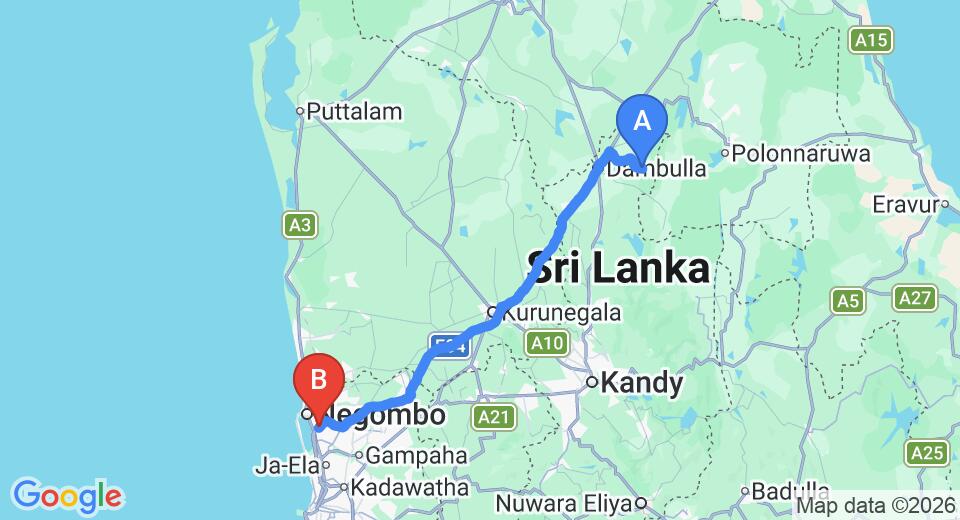 Driving route map: Giraagama to Colombo Airport (CMB) (150 km, approx 3 h 20 min private transfer)