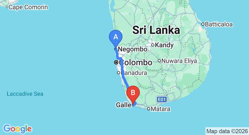 Driving route map: Negombo to Galle (155 km, approx 2 h 15 min private transfer)