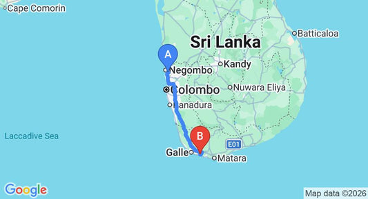 Driving route map: Colombo Airport (CMB) to Kimbulagala Watte Villa, Koggala (164 km, approx 2 h 20 min private transfer)