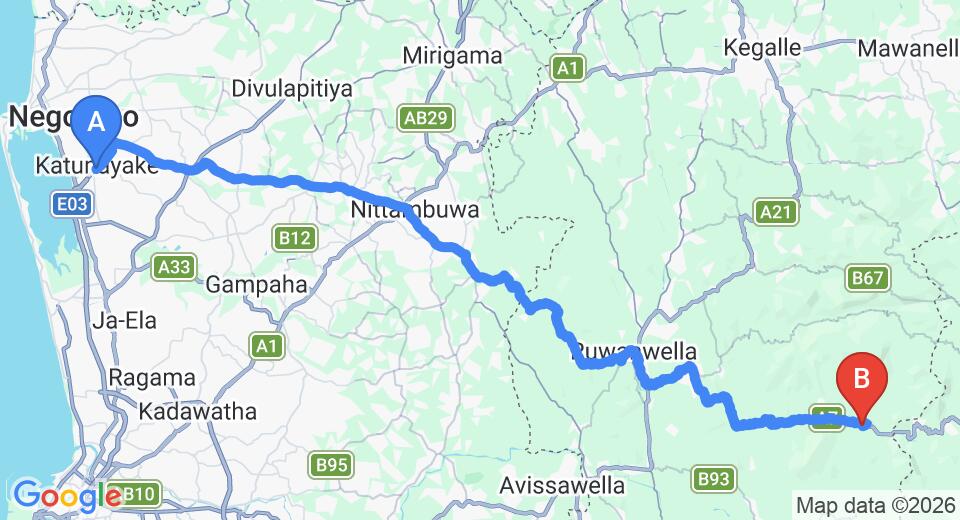 Driving route map: Colombo Airport (CMB) to Sisira's River Lounge, Kitulgala (82 km, approx 2 h 27 min private transfer)