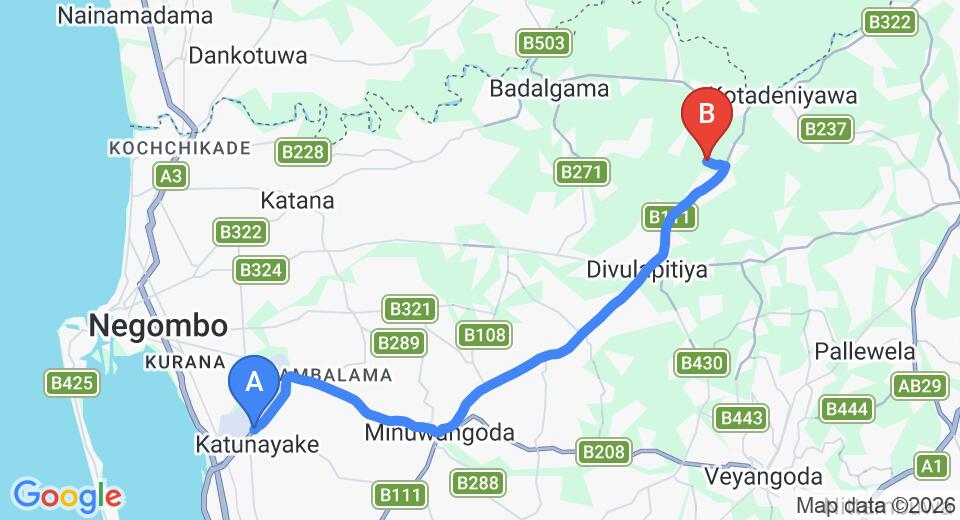 Driving route map: Colombo Airport (CMB) to Walpita (25 km, approx 47 min private transfer)
