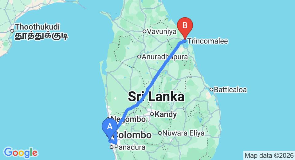 Driving route map: Ratmalana (RML) Airport to Uppuveli (282 km, approx 5 h 45 min private transfer)