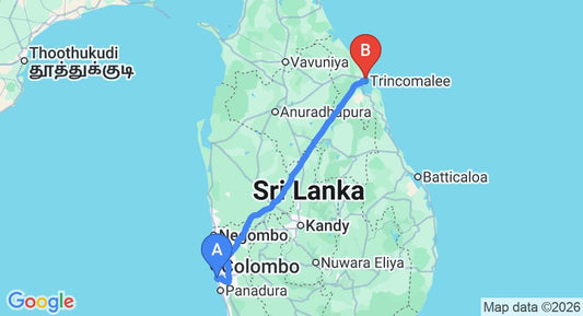 Driving route map: Ratmalana (RML) Airport to Uppuveli (282 km, approx 5 h 45 min private transfer)