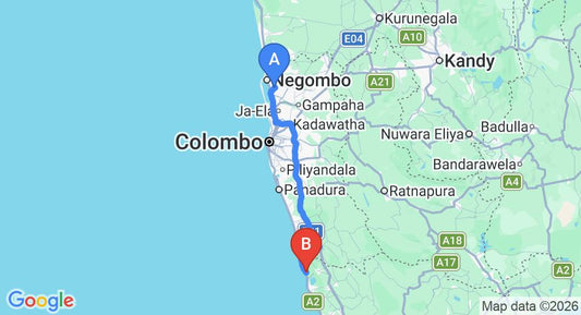 Driving route map: Colombo Airport (CMB) to Saffron and Blue by Jetwing, Kosgoda (118 km, approx 1 h 54 min private transfer)