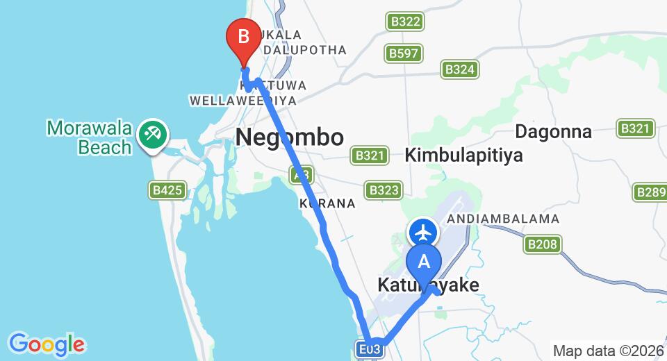 Driving route map: Colombo Airport (CMB) to Pledge Scape, Negombo (12 km, approx 29 min private transfer)