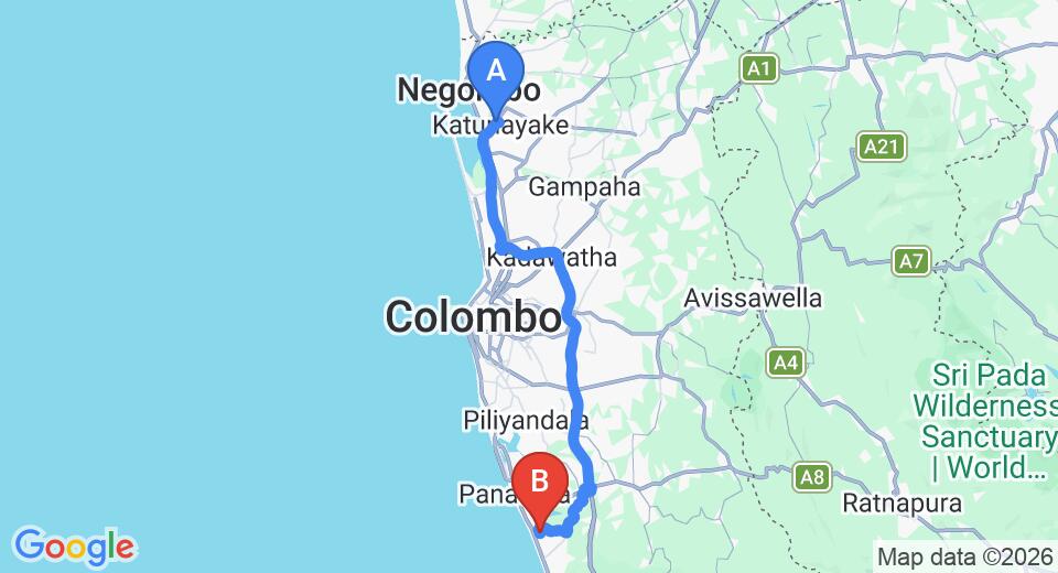 Driving route map: Colombo Airport (CMB) to Little Villa, Wadduwa (78 km, approx 1 h 21 min private transfer)