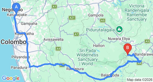 Driving route map: Colombo Airport (CMB) to Eagle's Nest, Ohiya (231 km, approx 5 h 50 min private transfer)