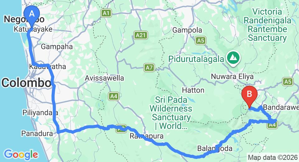 Driving route map: Colombo Airport (CMB) to Ohiya (231 km, approx 5 h 50 min private transfer)