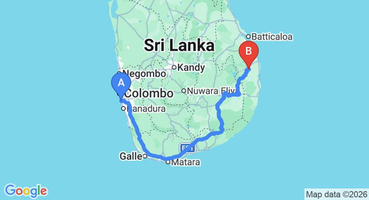 Driving route map: Ratmalana (RML) Airport to Gal Oya (394 km, approx 6 h 24 min private transfer)