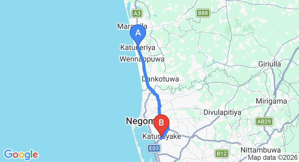 Driving route map: Katuneriya to Colombo Airport (CMB) (28 km, approx 52 min private transfer)
