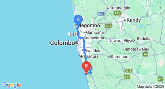 Driving route map: Colombo Airport (CMB) to nimsara villa, Bentota (110 km, approx 1 h 44 min private transfer)