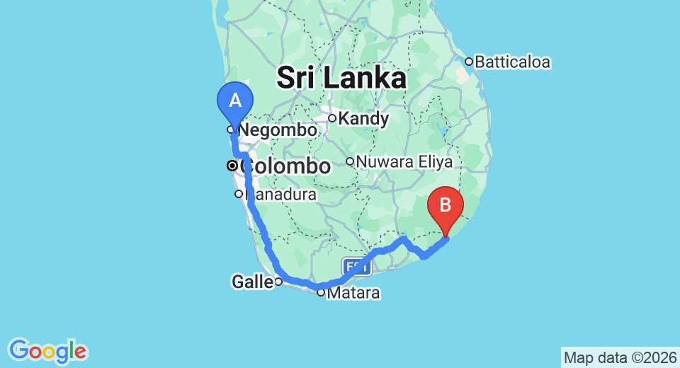 Driving route map: Colombo Airport (CMB) to Kulu Safari - Yala, Yala (316 km, approx 5 h 3 min private transfer)