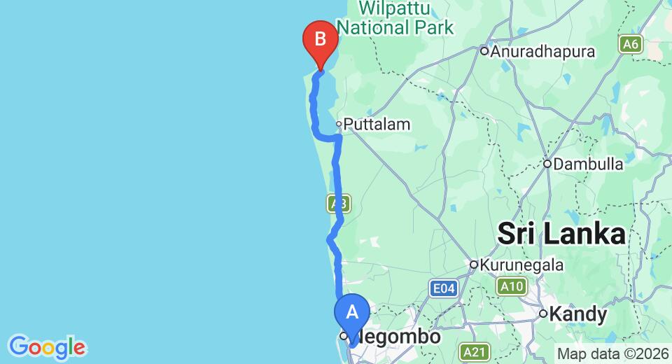 Driving route map: Colombo Airport (CMB) to Kalpitiya (140 km, approx 3 h 17 min private transfer)