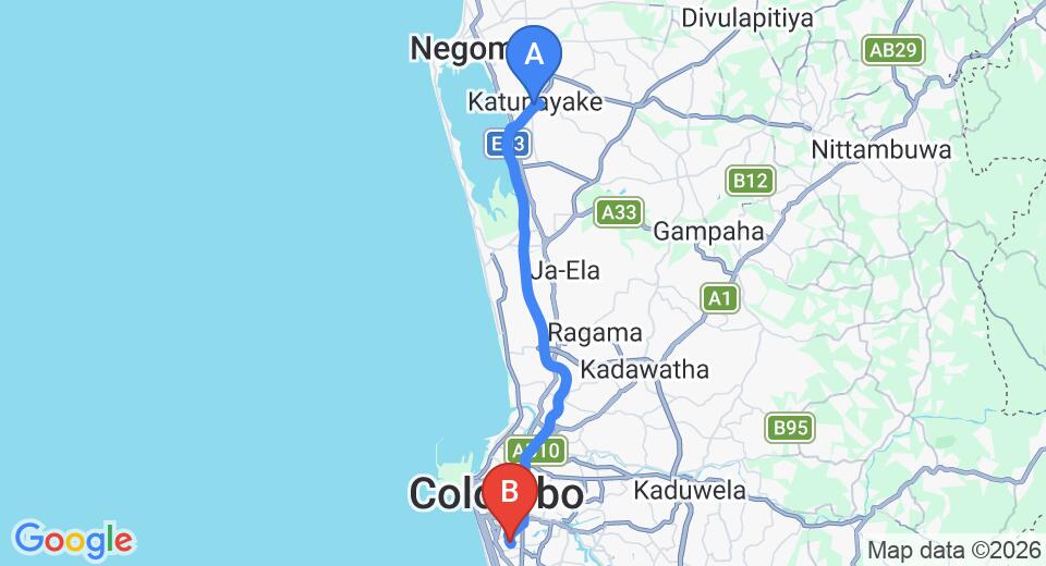 Driving route map: Colombo Airport (CMB) to Trillium Boutique City Hotel, Colombo (35 km, approx 48 min private transfer)