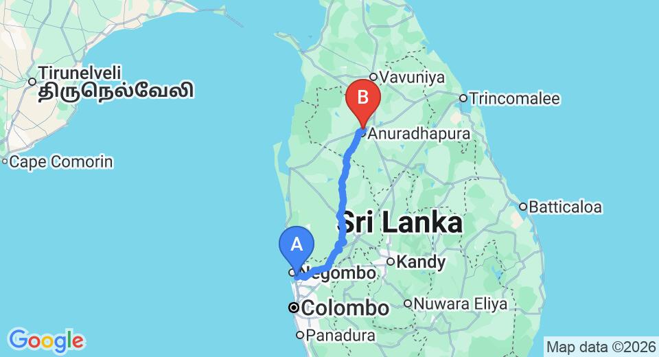 Driving route map: Colombo Airport (CMB) to Lakeside at Nuwarawewa, Anuradhapura (176 km, approx 3 h 48 min private transfer)