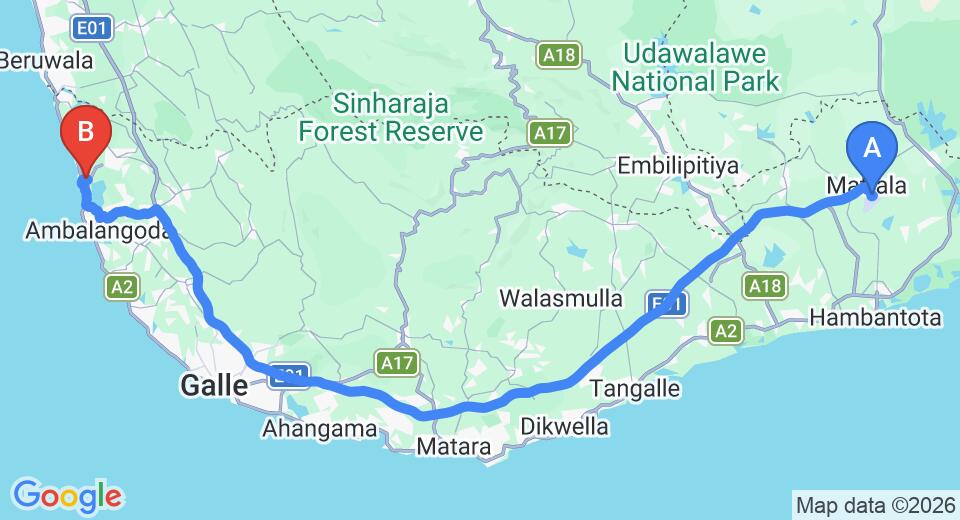 Driving route map: Mattala (HRI) Airport to Ahungalla (156 km, approx 2 h 13 min private transfer)