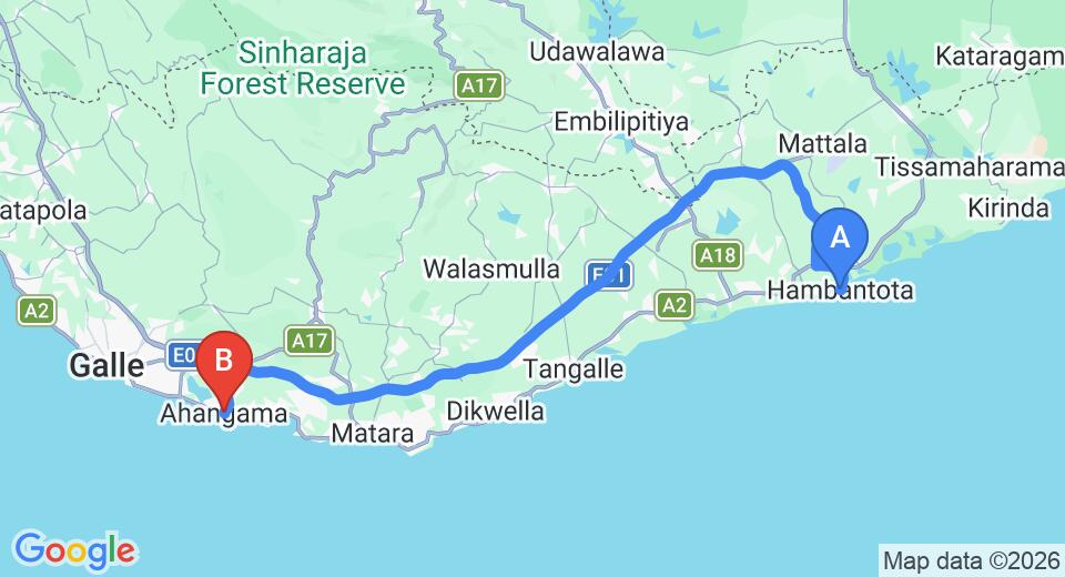 Driving route map: Hambantota to Ahangama (120 km, approx 1 h 42 min private transfer)