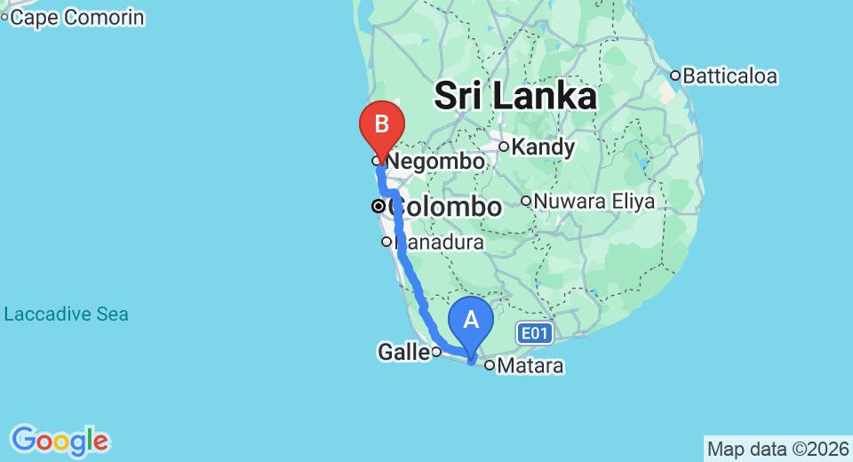 Driving route map: Weligama to Colombo Airport (CMB) (170 km, approx 2 h 17 min private transfer)